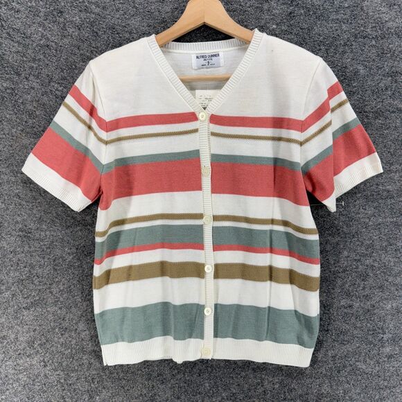 New Alfred Dunner Cardigan Women PS Petite White Striped Button Up V-Neck - Picture 1 of 8